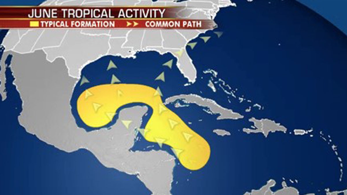 Tropical activity at the beginning of hurricane season tends to focus on the Gulf of Mexico and the Caribbean for the month of June.