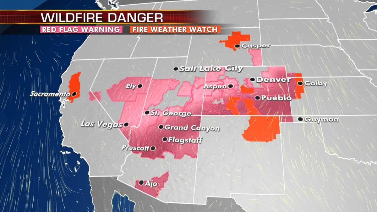 The fire threat continues across the Southwest and into the Plains on Tuesday.