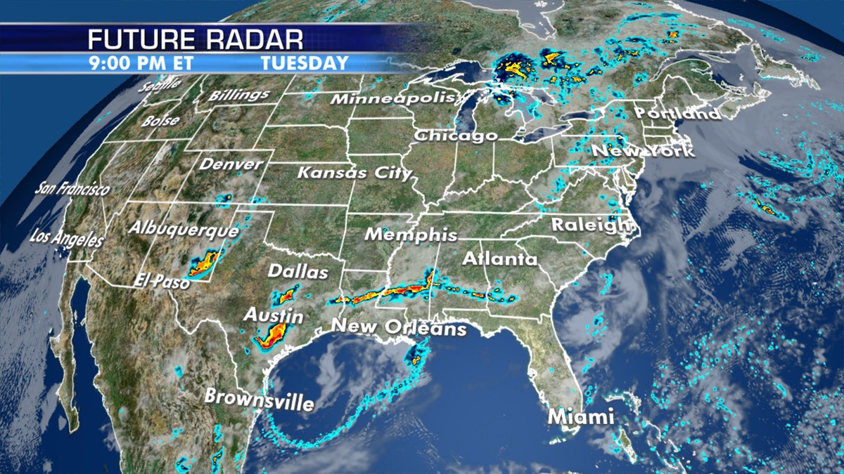 Severe thunderstorms are forecast to develop in the South and interior Northeast by Tuesday afternoon.