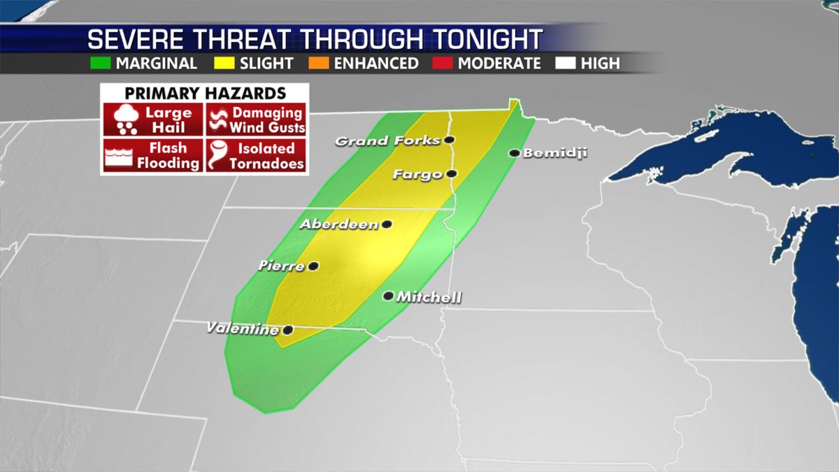 Strong to severe thunderstorms will move into the Dakotas and Minnesota on Wednesday.