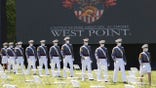 United States Military Academy graduating cadets wearing face masks march to their socially-distanced seating during commencement ceremonies on June 13, 2020, in West Point, N.Y. Several cadets allegedly overdosed on cocaine-laced fentanyl while in a Florida vacation home this week.