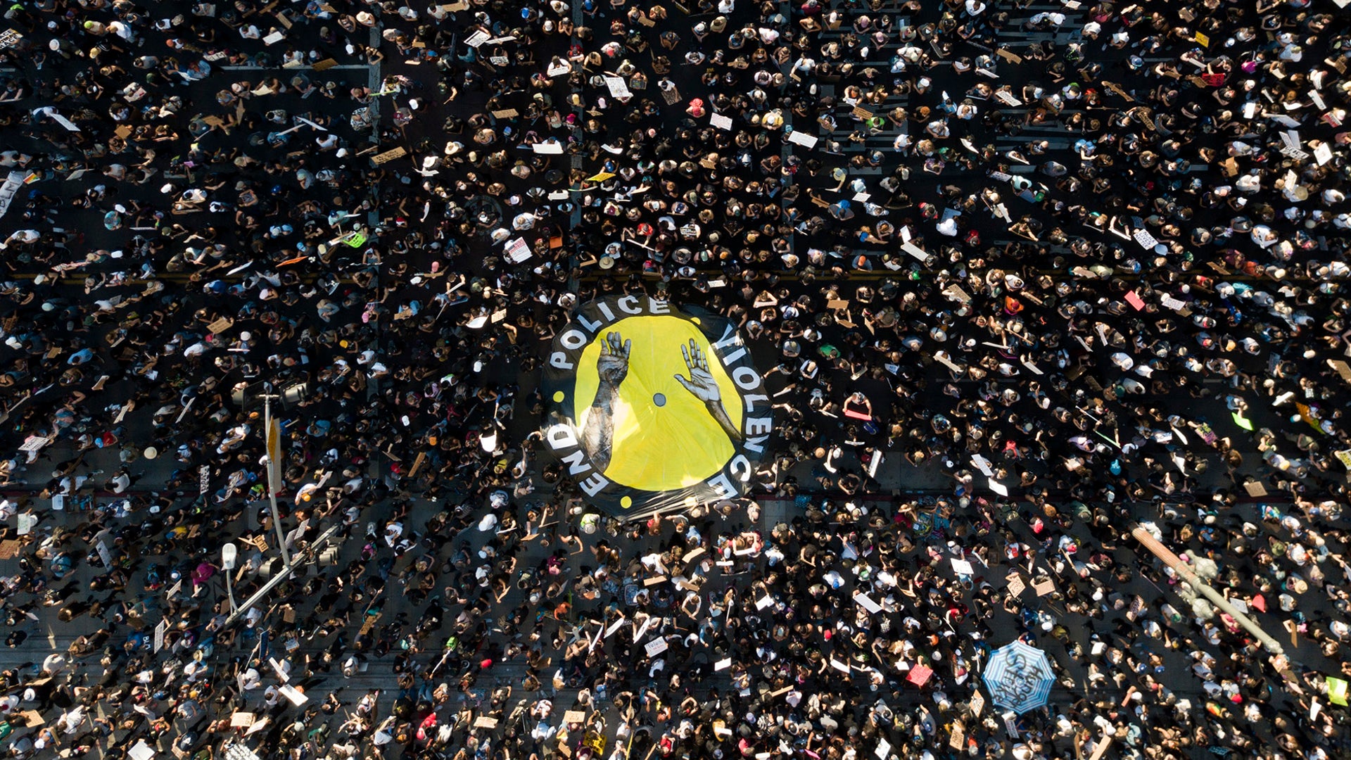 Demonstrators take part in a protest sparked by the death of George Floyd in downtown Los Angeles, June 3, 2020.