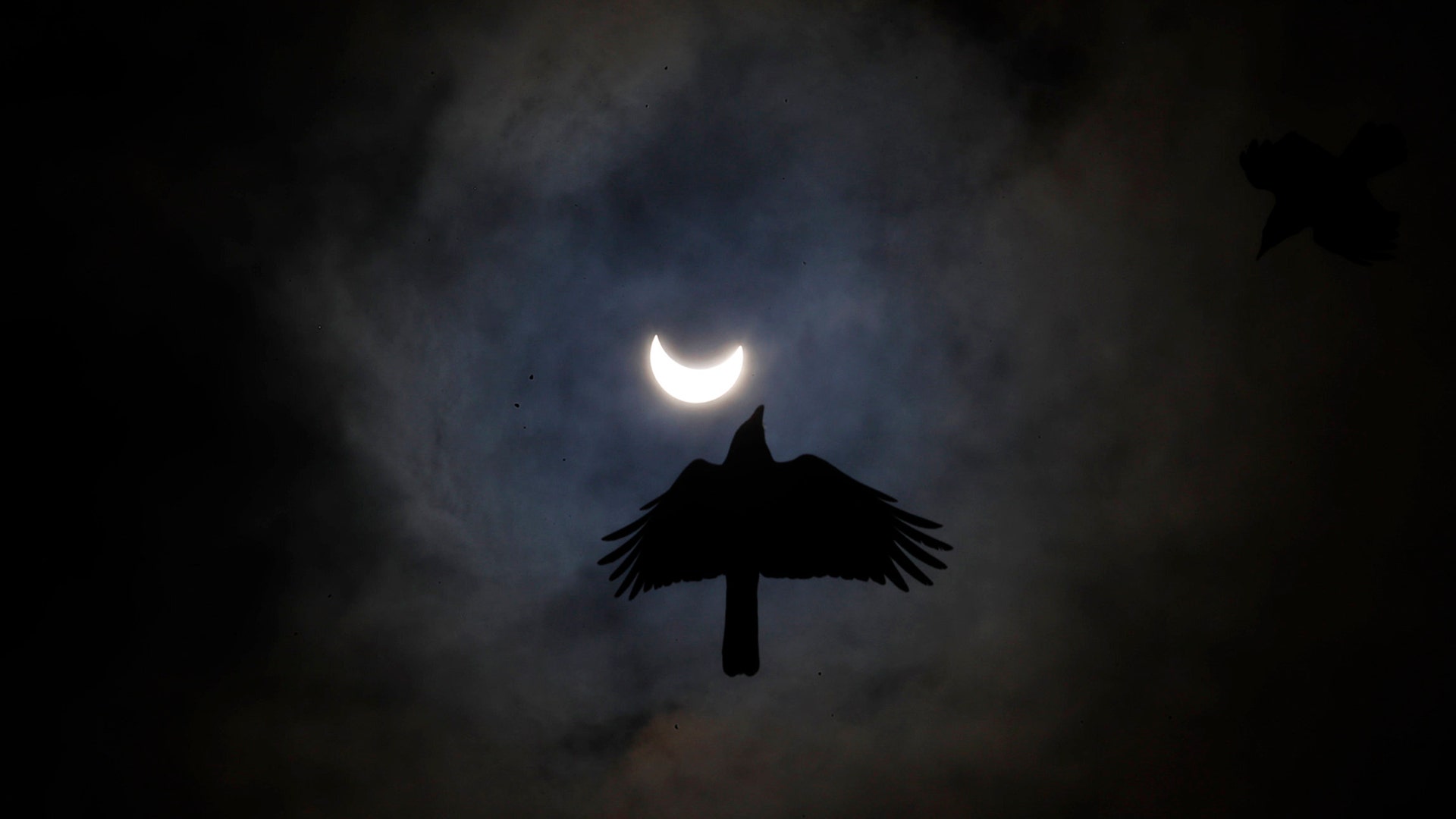 A crow flies as the sun forms crescent during a solar eclipse in Kathmandu, Nepal, June 21, 2020. 