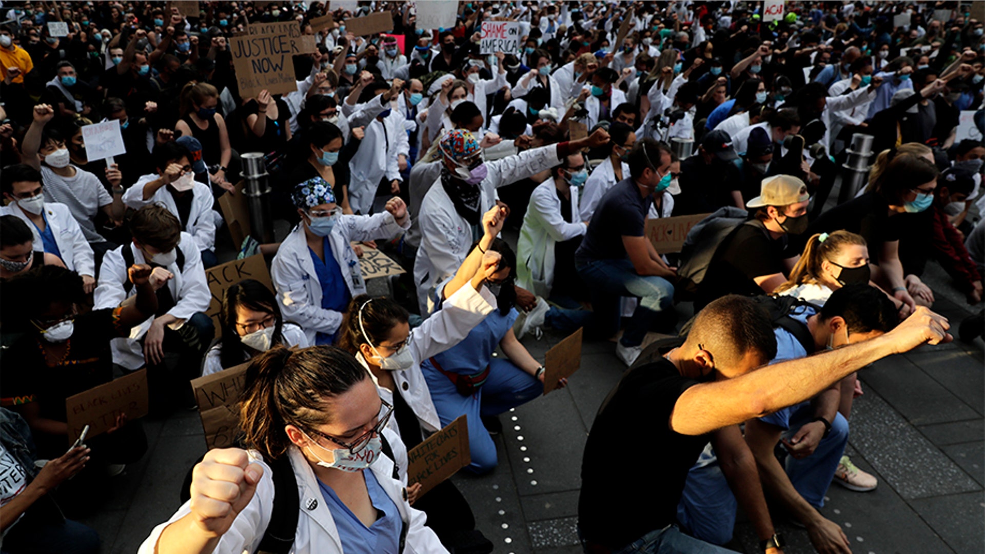 Protesters kneeling in Times Square in New York City on June 2.