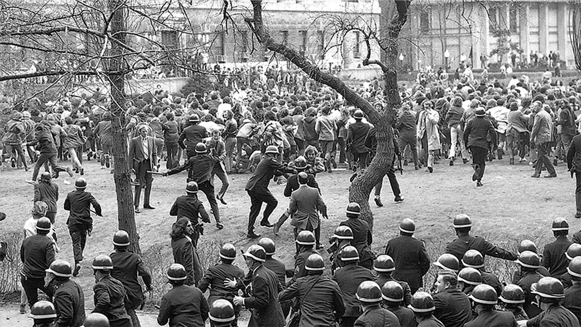Columbia University students and New York City police at anti-war protests, April 25, 1972, in the Morningside Heights section of Manhattan.