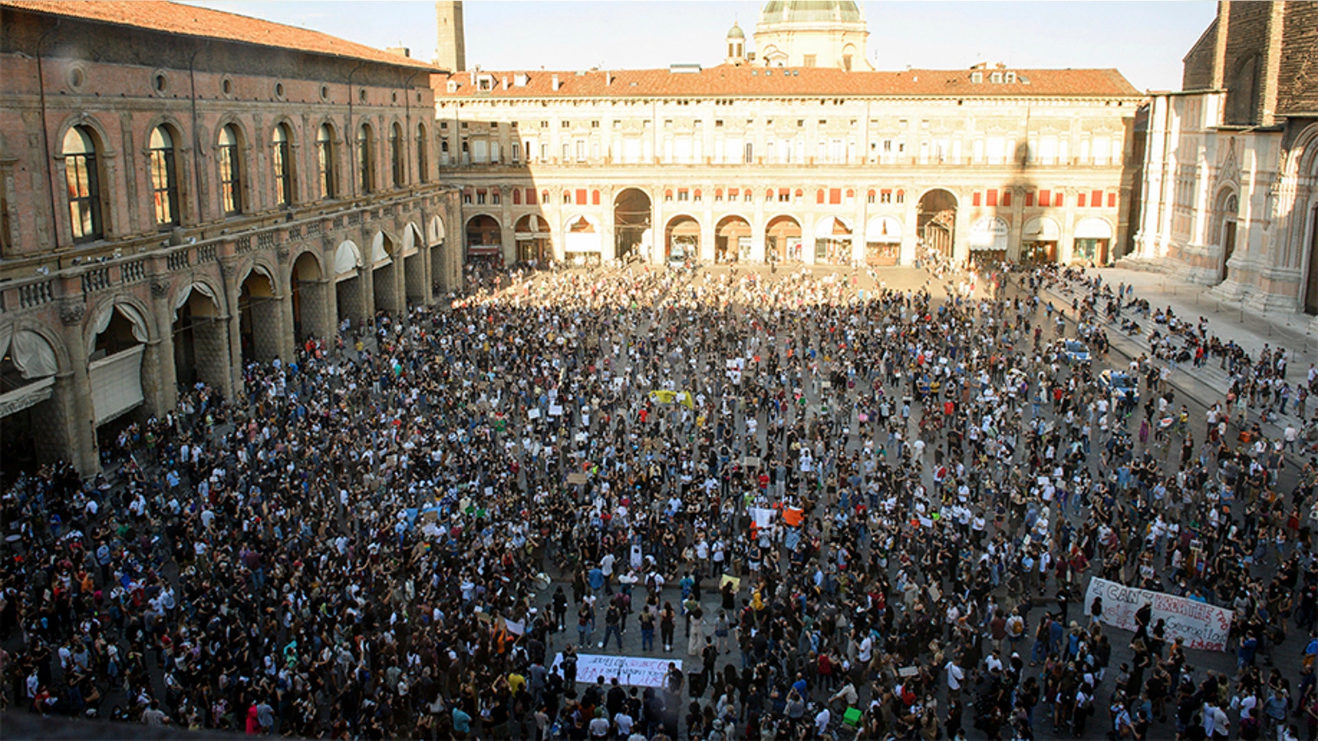 A crowd demanding justice for George Floyd, in Bologna, Italy, on Saturday.