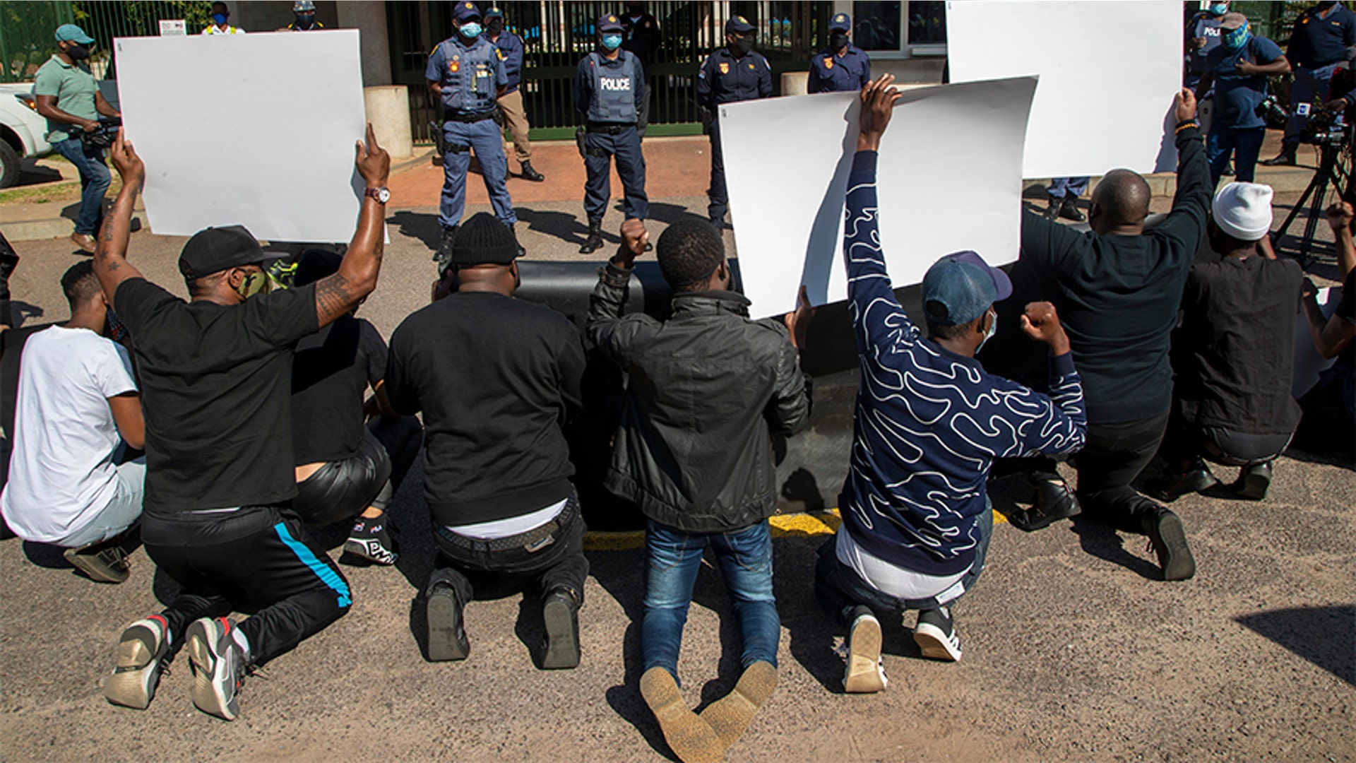 Protesters at the U.S. Embassy in Pretoria, South Africa.