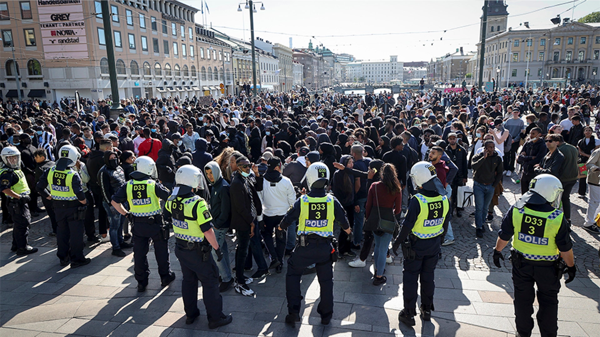 Police standing guard, during a demonstration organized to show solidarity with the Black Lives Matter movement, in Gothenburg, Sweden, on Sunday.