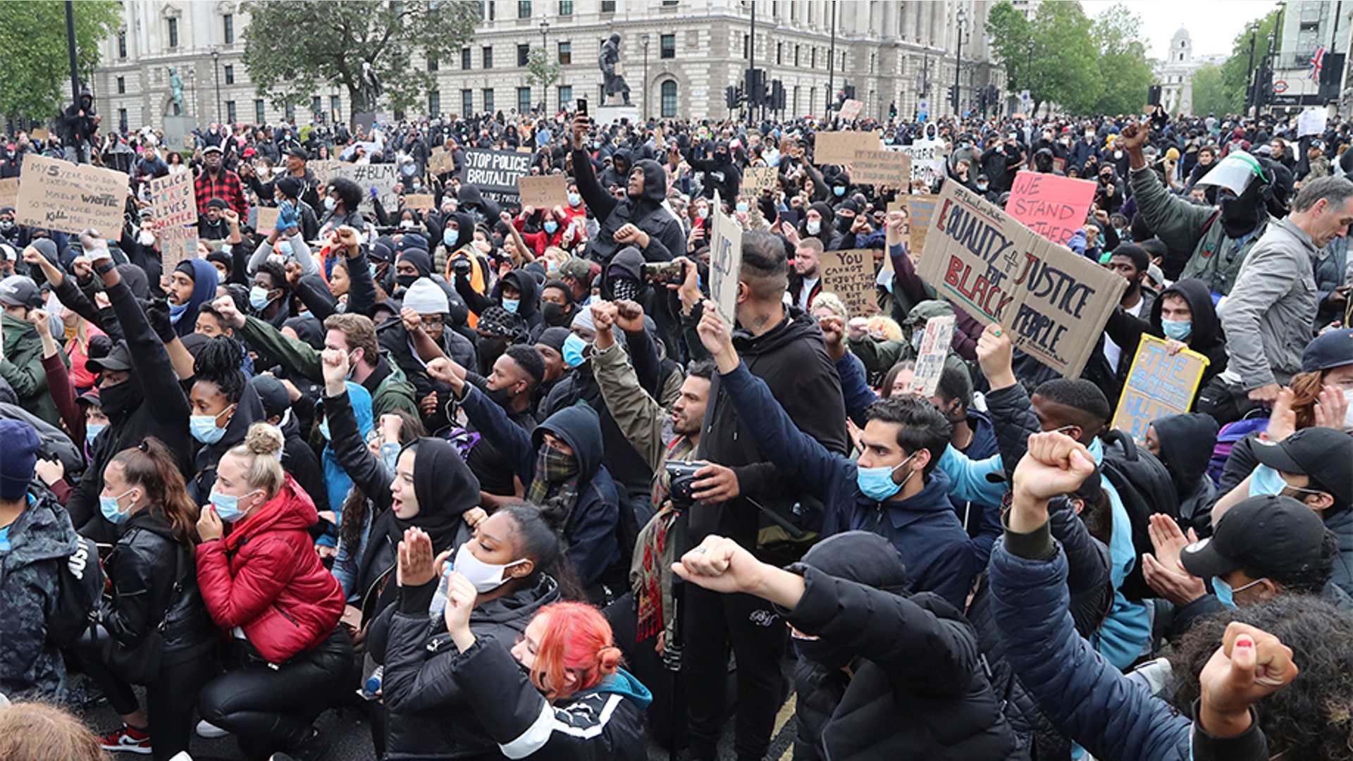 Protesters gathering in Parliament Square during a Black Lives Matter protest rally in Whitehall, London.