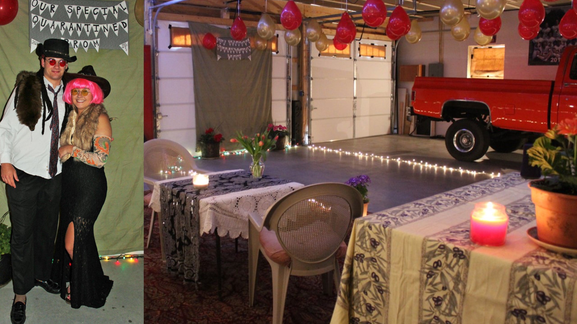 My son, Wyatt Kirby, is a senior at Avon Grove High School in West Grove, PA in Southern Chester County. He has been fortunate enough to still be able to see his girlfriend,Morgan Malchionne, a junior at Avon Grove High School, through this quarantined time. I decided to throw them a prom in our garage to change the monotony of the days and bring some much needed smiles and normalcy to their lives and to celebrate them. Wyatt wrote her an invitation and she accepted to attend on Saturday, May 9th at 3:30 for their quarantined prom where memories will be made to last them a lifetime. Wyatt picked her up in his dad's 1987, waxed and polished, Chevrolet truck for the night of their lives. The garage was set up for a night of fun and romance with my husband and I serving them mozzarella stick appetizers, a main course meal of enchiladas, corn and refried beans, and ended with cake and klondike bars for dessert. A photo booth compiled of old halloween wigs and hats was set up and that seemed to be the highlight of the night. A dance floor was created in the 1st bay of the garage with Christmas tree lights on the floor and more lights hung from the ceiling for a romantic, calming atmosphere. There was a small ceremony to the theme of "Rocky" playing, announcing the Prom King and Queen, complete with homemade medals. Wyatt &amp; Morgan danced the night away, slow and fast,until 11:00 at night. My husband, Brian, and I were thrilled that they were out in the garage for almost 8 hours, enjoying their youth in a way that all our youth deserves, if just for one night. We honestly thought they'd be done with their quarantined prom within a couple of hours. Wyatt and Morgan were more than appreciative and Brian and I felt privileged to be able to create this night for them. It's a time to find the silver linings and to make lemonade out of lemons and to spread as much love as we can in these horrifically scary and devastatingly sad times. Thank you,