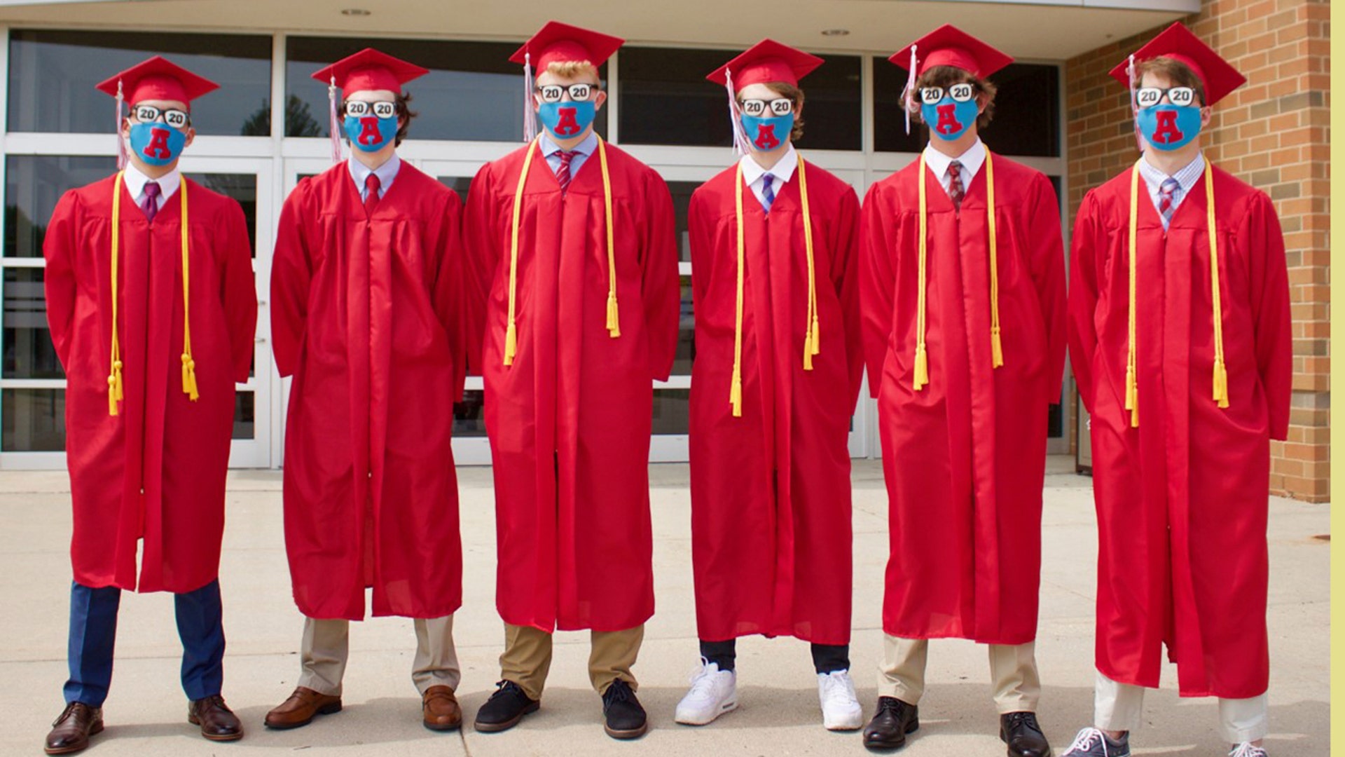 These six boys from Hartland, Wisconsin have been friends and class-mates since grade school. Four of them met in kindergarten. They never imagined their high school graduation would look so different. Left to right…. Marc Scaringi, Jon Oury, A.J. Hevrdejs, George Case, Adam Allen and Connor Renner.