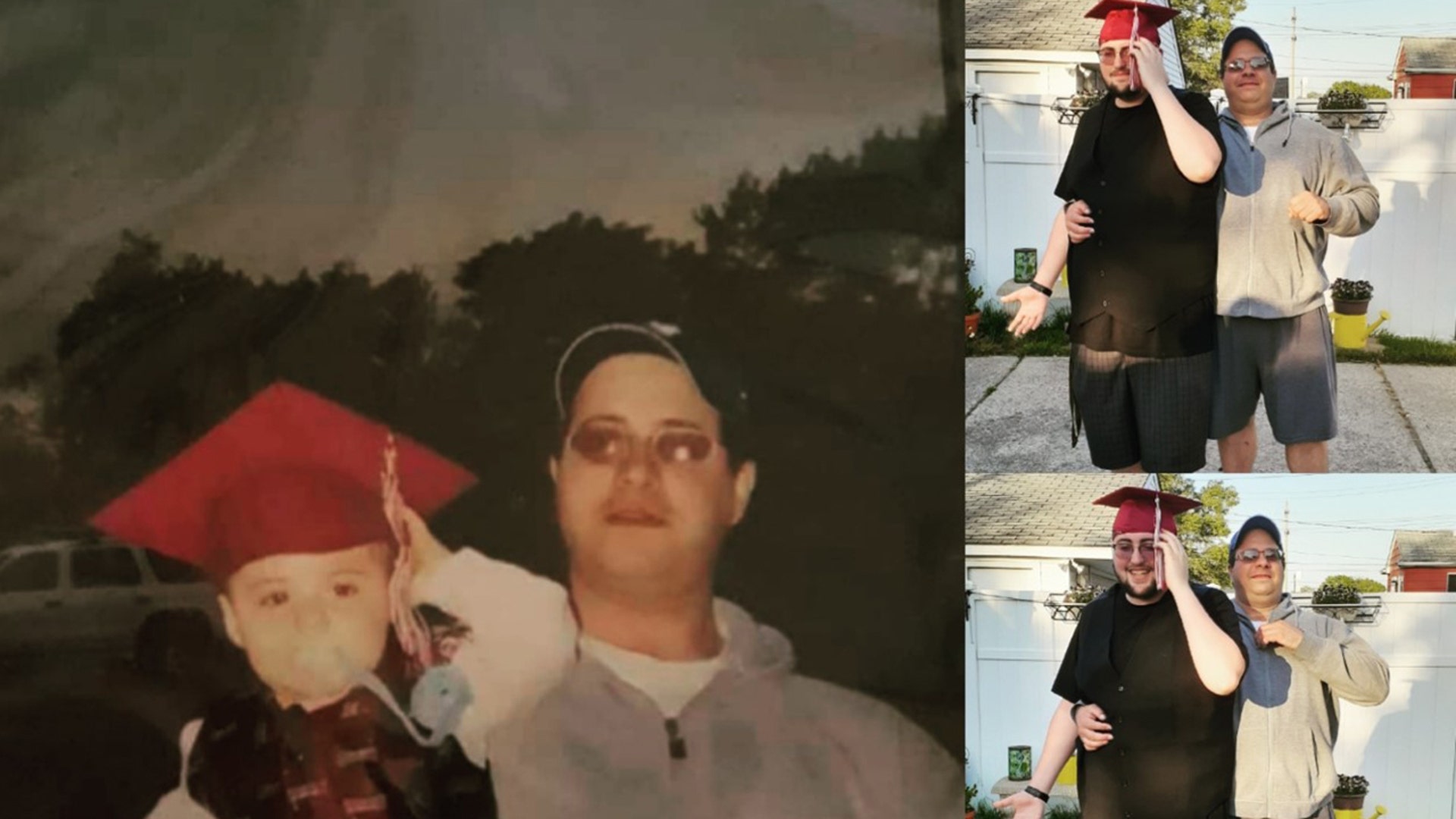 A little graduation fun. Father and not so little baby boy retake photo 17 years later. Hats off to the class of 2020. Congrats scotty kassab we are so proud of you love mom. Lisa Dean