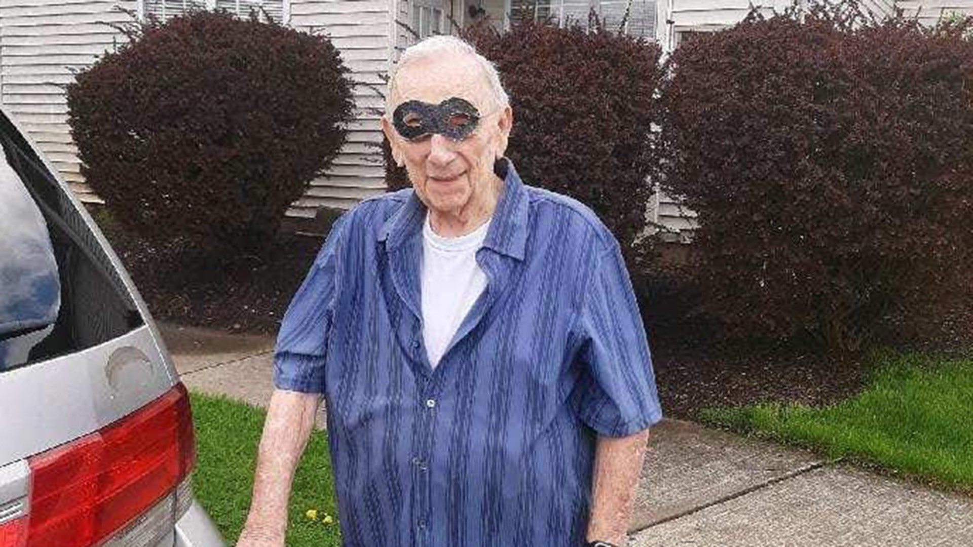 WWII Veteran Fred Miller of Hackettstown New Jersey is shown wearing his mask as ordered while outdoors. Bob Miller Pharmacist