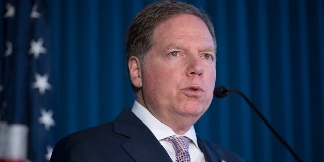 FILE - In this April 23, 2019, file photo, Geoffrey Berman, U.S. Attorney for the Southern District of New York, speaks during a news conference in New York. Berman is stepping down as the U.S. attorney for the Southern District of New York. (AP Photo/Mary Altaffer, File)