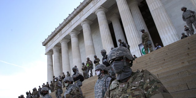 Members of the D.C. National Guard standing on the steps of the Lincoln Memorial on June 2 amid unrest over the death of George Floyd. (Win McNamee/Getty Images)