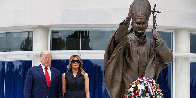 Melania Trump President Donald Trump and first lady Melania Trump visit Saint John Paul II National Shrine, June 2, in Washington. (AP Photo/Patrick Semansky)