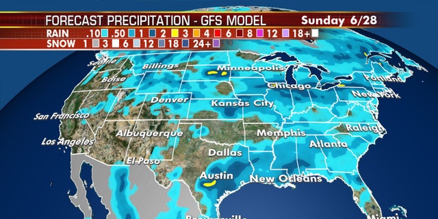 Heavy rain is possible across parts of the Gulf Coast, while severe weather remains a threat for the northern Plains and Midwest.