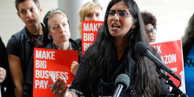 In this June 12, 2018, file photo, Seattle City Council member Kshama Sawant speaks at City Hall in Seattle. (AP Photo/Ted S. Warren, File)
