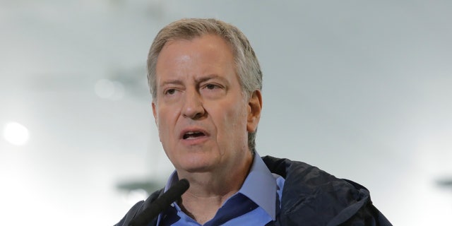 New York City Mayor Bill de Blasio speaks during a press conference in May.