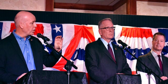 FILE - In this Jan. 23, 2020, file photo, U.S. Rep. Greg Gianforte, left, speaks during a Republican gubernatorial primary debate as Attorney General Tim Fox, center, and state Sen. Al Olszewski listen in Billings, Mont. Republicans are seeking to end 16 consecutive years with a Democrat in the governor's office when current Gov. Steve Bullock completes his second term. The winner of the Republican gubernatorial primary will take on the winner of the Democratic race between Lt. Gov. Mike Cooney and first-time candidate Whitney Williams. (AP Photo/Matthew Brown, File)