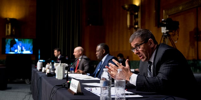 Secret Service Assistant Director Michael D'Ambrosio, right, accompanied by from left, Justice Department Associate Deputy Attorney General William Hughes, Justice Department U.S. Attorney Craig Carpenito, and FBI Criminal Investigative Division Assistant Director Calvin A. Shivers, speaks at a Senate Judiciary Committee hearing on Capitol Hill in Washington, Tuesday, June 9, 2020. (Associated Press)