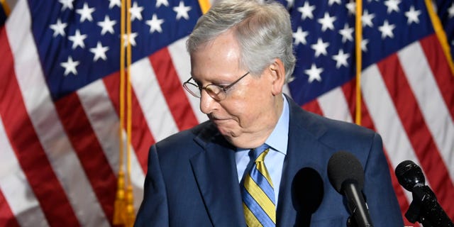 Senate Majority Leader Mitch McConnell of Ky. Steps away from the microphone as he talks to reporters after the weekly Republican politics luncheon on Capitol Hill in Washington on Tuesday, June 9, 2020. (AP Photo / Susan Walsh)