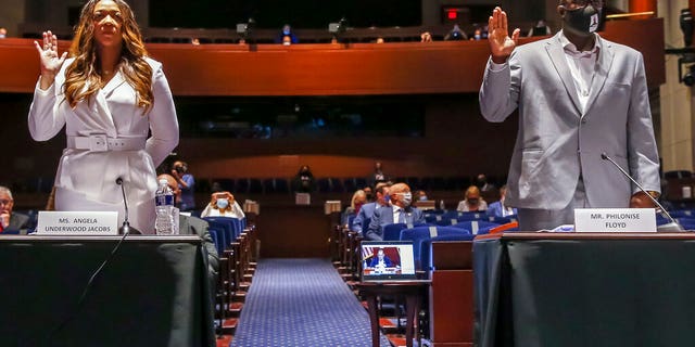 Angela Underwood Jacobs and Philonise Floyd, a brother of George Floyd, are sworn in during a House Judiciary Committee hearing. (Michael Reynolds/Pool via AP)