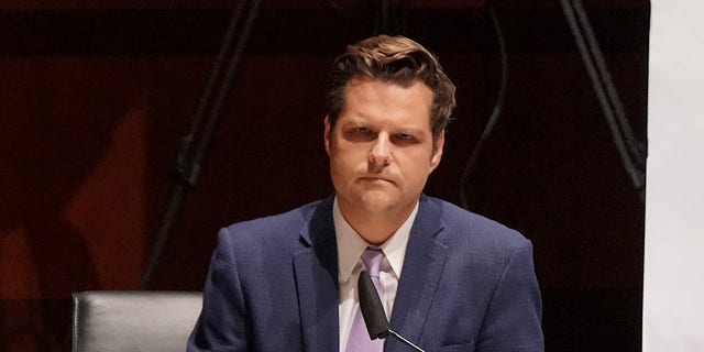 Rep. Matt Gaetz, R-Fla., puts up tweets as he asks questions during a House Judiciary Committee hearing on proposed changes to police practices and accountability on Capitol Hill, Wednesday, June 10, 2020, in Washington. (Greg Nash/Pool via AP)