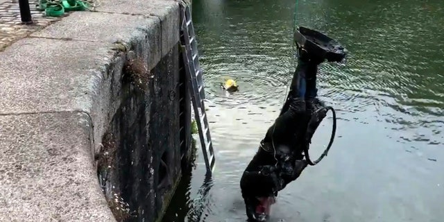 In this photograph made available by Bristol City Council, the statue of Edward Colston is recovered from the harbour in Bristol, Thursday June 11, 2020, after it was toppled by anti-racism protesters on Sunday. The council says it has been taken to a “secure location” and will end up in a museum. Colston built a fortune transporting enslaved Africans across the Atlantic, and left most of his money to charity. (Bristol City Council via AP)