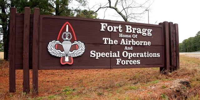 This Jan. 4, 2020 file photo shows a sign for at Fort Bragg, N.C. Fort Bragg is named for Confederate Major General Braxton Bragg. (AP Photo/Chris Seward)