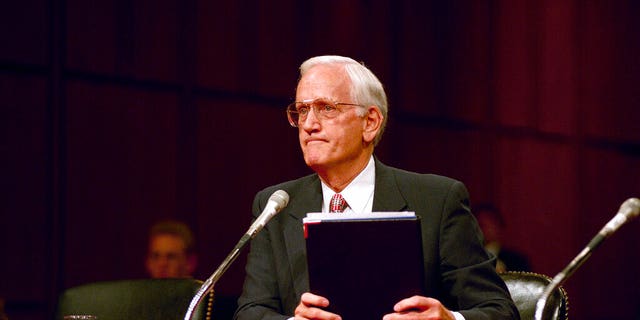 FILE - In this Friday, Sept. 22, 1995, file photo, former FBI Director William Sessions testifies on Capitol Hill in Washington before the Senate Judiciary subcommittee hearing on the 1992 raid on the cabin of white separatist Randy Weaver in Ruby Ridge, Idaho. (AP Photo/Charles Tasnadi, File)