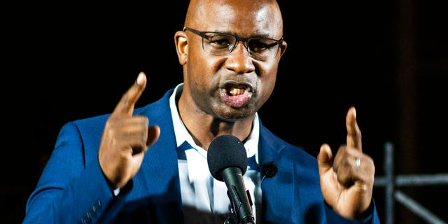 Jamaal Bowman, who is running against Rep. Eliot Engel, D-N.Y., speaks during his primary-night party Tuesday, June. 23, 2020, in New York. (Associated Press)