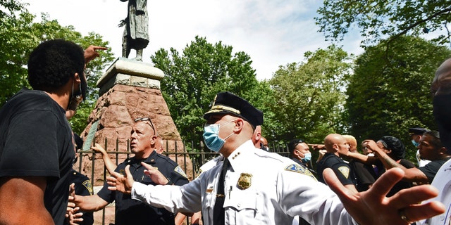 The statue of Christopher Columbus was removed from Wooster Square Park, in New Haven, Conn. Wednesday, June 24, 2020. (Associated Press)