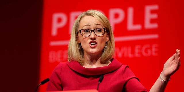 FILE - In this Tuesday, Sept. 24, 2019 file photo, Rebecca Long-Bailey, Britain's Shadow Business secretary speaks onstage during the Labour Party Conference at the Brighton Centre in Brighton, England.  (AP Photo/Kirsty Wigglesworth, file)