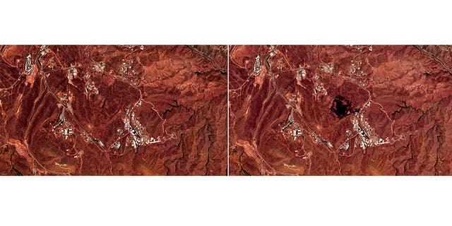 This Friday, June 26, 2020, photo combo from the European Commission's Sentinel-2 satellite shows the site of an explosion, before, left, and after, right, that rattled Iran’s capital. Analysts say the blast came from an area in Tehran’s eastern mountains that hides a underground tunnel system and missile production sites. The explosion appears to have charred hundreds of meters of scrubland. (European Commission via AP)