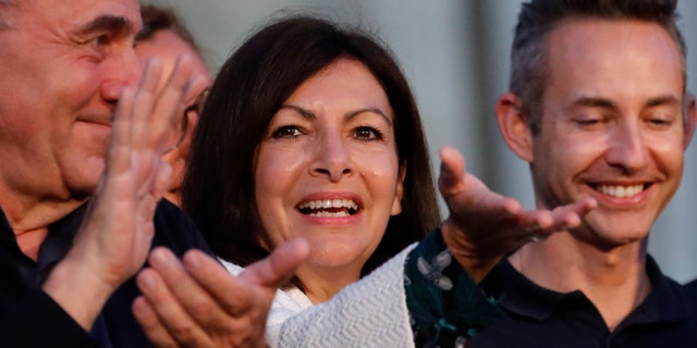 Paris Mayor Anne Hidalgo gesturing after her victorious second round of the municipal election Sunday.