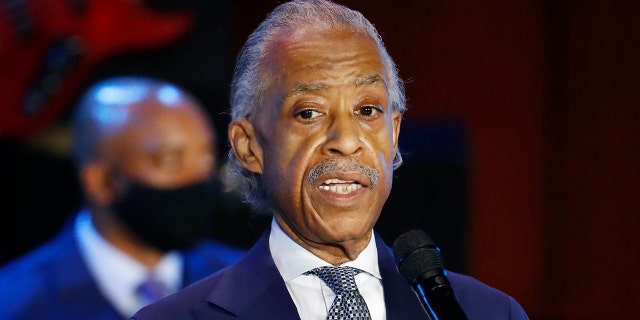 The Rev. Al Sharpton speaking at the memorial service for George Floyd at North Central University in Minneapolis on Thursday. (AP Photo/Julio Cortez)