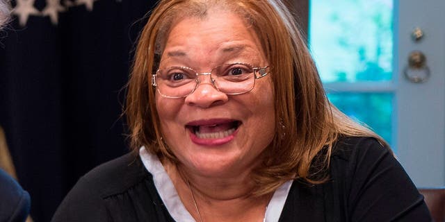 Dr. Alveda King, niece of Dr. Martin Luther King Jr., during a meeting with inner city pastors at the White House in Washington. (Photo by Jim WATSON / AFP) (Photo by JIM WATSON/AFP via Getty Images)