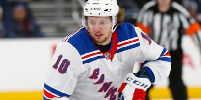 In this Feb. 14, 2020, file photo, New York Rangers' Artemi Panarin, of Russia, plays against the Columbus Blue Jackets during an NHL hockey game in Columbus, Ohio. The Edmonton Oilers’ sudden resurgence placed Connor McDavid back in the NHL MVP conversation, along with teammate Leon Draisaitl. Colorado’s Nathan MacKinnon and Boston’s David Pastrnak made their case, too, during a pandemic-shortened season. And don’t forget New York Rangers' Artemi Panarin, a late entry in the discussion. (AP Photo/Jay LaPrete, FIle)