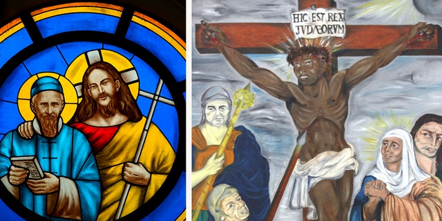 On the right, a stained glass window, produced in 2008, featuring Jesus and Saint Joseph Freinademetz. And on the left, Ronnie Harrison's painting 