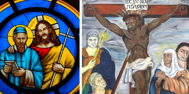 On the right, a stained glass window, produced in 2008, featuring Jesus and Saint Joseph Freinademetz. And on the left, Ronnie Harrison's painting "Black Christ,” first unveiled in 1962 in South Africa.