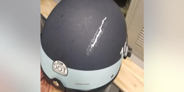 A lieutenant's helmet after a protester struck him with a brick.