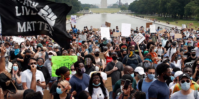 In this June 6, 2020, file photo, demonstrators protest at the Lincoln Memorial in Washington, over the death of George Floyd, a Black man who was in police custody in Minneapolis. Black Lives Matter Global Network Foundation, the group behind the emergence of the Black Lives Matter movement, has established a more than $12 million fund to aid organizations fighting institutional racism in the wake of the George Floyd protests. (AP Photo/Alex Brandon, File)