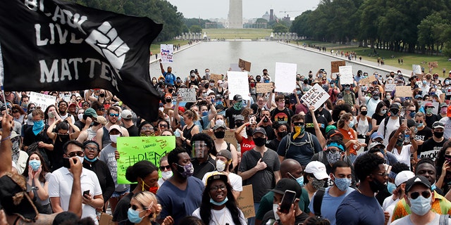 In this June 6, 2020, file photo, demonstrators protest at the Lincoln Memorial in Washington, over the death of George Floyd, a Black man who was in police custody in Minneapolis. Black Lives Matter Global Network Foundation, the group behind the emergence of the Black Lives Matter movement, has established a more than $12 million fund to aid organizations fighting institutional racism in the wake of the George Floyd protests. (AP Photo/Alex Brandon, File)