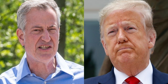 New York City's Democratic mayor, Bill de Blasio, left, was a target of a blistering editorial about the Big Apple that President Trump retweeted Friday.