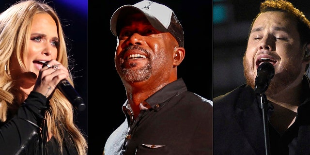This combination photo shows Miranda Lambert performing at the 2017 CMA Music Festival in Nashville, Tenn. on June 8, 2017, from left, Darius Rucker performing at the CMA Music Festival in Nashville, Tenn., on June 14, 2015 and Luke Combs performing at the 54th annual Academy of Country Music Awards in Las Vegas on April 7, 2019. CMT is saluting heroes on the frontline of the COVID-19 pandemic with a star filled TV special featuring Combs, Lambert, Rucker, Florida Georgia Line and others.