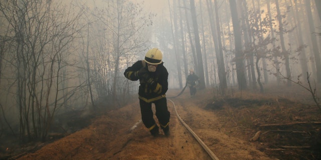 Firefighters extinguish a fire during a forest fire in Ragovka, Ukraine. Fire from the radioactive Chernobyl zone was approaching the village of Ragovka, April 10, 2020.
