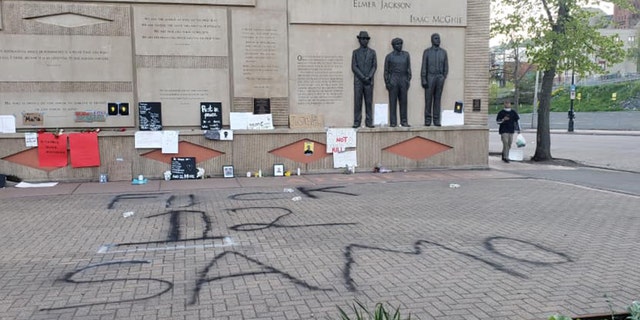 Clayton Jackson McGhie Memorial in Duluth, Minn., after it was vandalized during protests over the death of George Floyd.