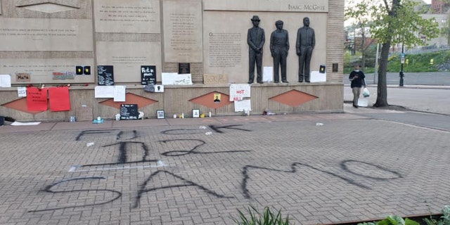 Clayton Jackson McGhie Memorial in Duluth, Minn., after it was vandalized during protests over the death of George Floyd.