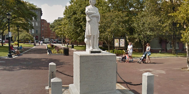 What the Christopher Columbus statue normally looks like at the waterfront park in Boston.